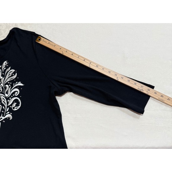 Karen Scott Women's Top XL Black 3/4 Sleeve  Round Neck  Embroidered Gothic - Picture 6 of 9